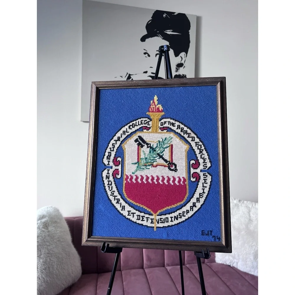 Vintage 1974 Industrial College of the Armed Forces Needlepoint Framed Art ICAF